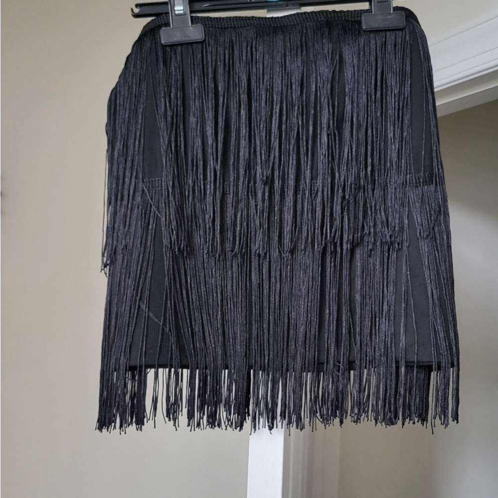 Black Fringe Mini Skirt Size 6 High Waist Party Statement Skirt - Picture 4 of 5